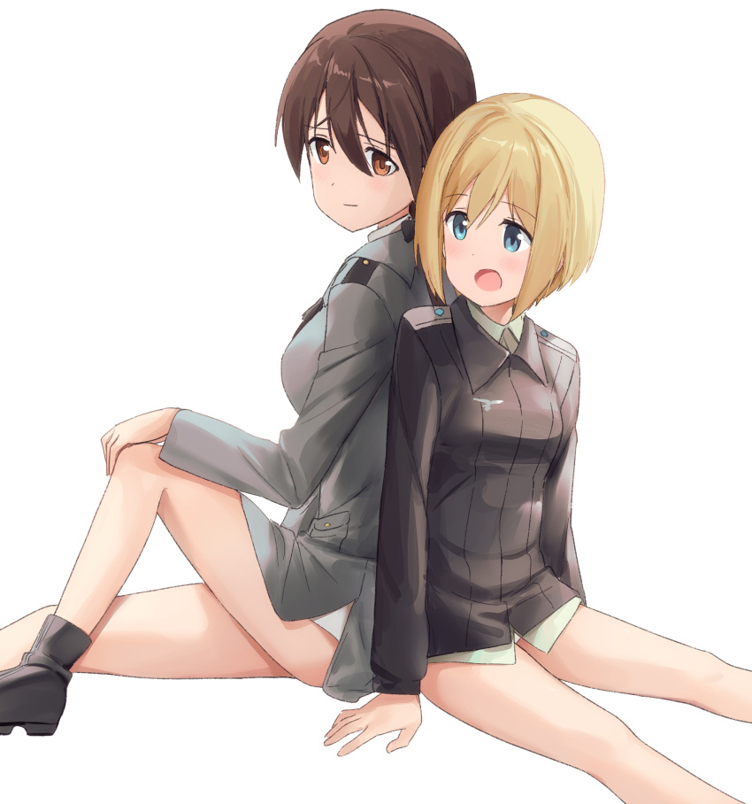 2girls back-to-back black_jacket blonde_hair blue_eyes brown_hair erica_hartmann feet_out_of_frame gertrud_barkhorn grey_jacket highres jacket long_hair mejina military military_uniform multiple_girls open_mouth short_hair simple_background sitting strike_witches uniform white_background world_witches_series