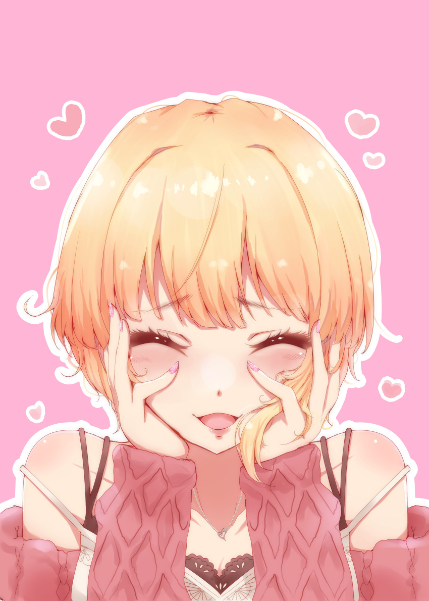 1girl absurdres bangs blush closed_eyes commentary_request eyebrows_visible_through_hair eyelashes face facing_viewer hands_on_own_face hands_up heart heart_necklace highres idolmaster idolmaster_cinderella_girls long_sleeves miyamoto_frederica nail_polish open_mouth outline pink_background pink_nails pink_sweater ryuu. shirt short_hair simple_background smile solo strap_slip sweater white_shirt