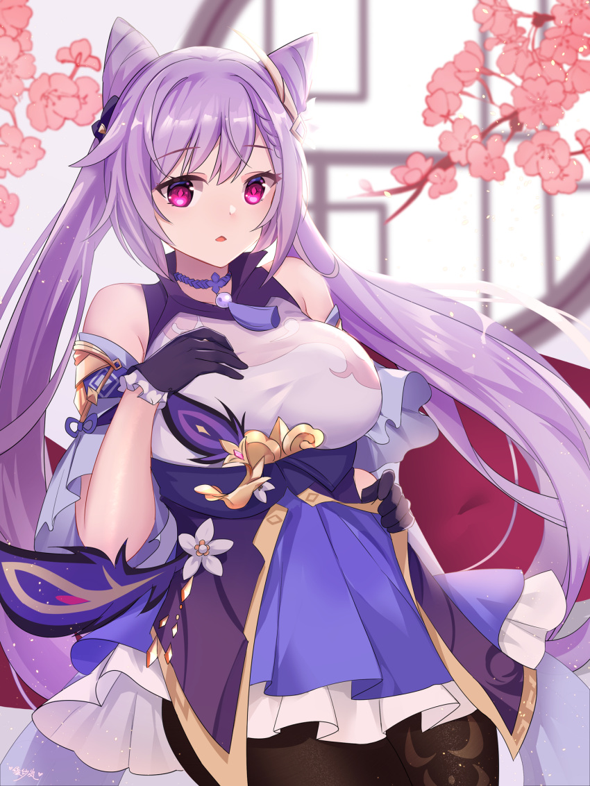1girl black_legwear blurry branch breasts commentary_request depth_of_field genshin_impact gloves hair_between_eyes hair_cones hand_on_own_chest highres keqing_(genshin_impact) large_breasts lingshalan long_hair looking_at_viewer open_mouth pink_eyes purple_gloves purple_hair solo symbol-shaped_pupils tassel twintails window