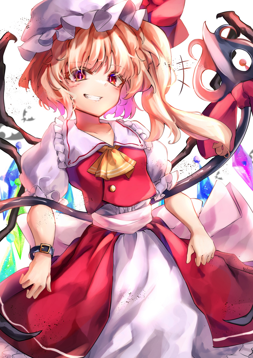 1girl absurdres arm_belt ascot bat blonde_hair bow calpis118 center_frills collarbone collared_shirt cowboy_shot crystal eyebrows_visible_through_hair flandre_scarlet frilled_shirt_collar frilled_skirt frills hat highres laevatein_(touhou) leaning_back looking_at_viewer medium_hair mob_cap puffy_short_sleeves puffy_sleeves rainbow_order red_bow red_eyes red_skirt red_vest shirt short_sleeves side_ponytail skirt skirt_set smile solo touhou vest white_background white_headwear white_shirt wings yellow_ascot