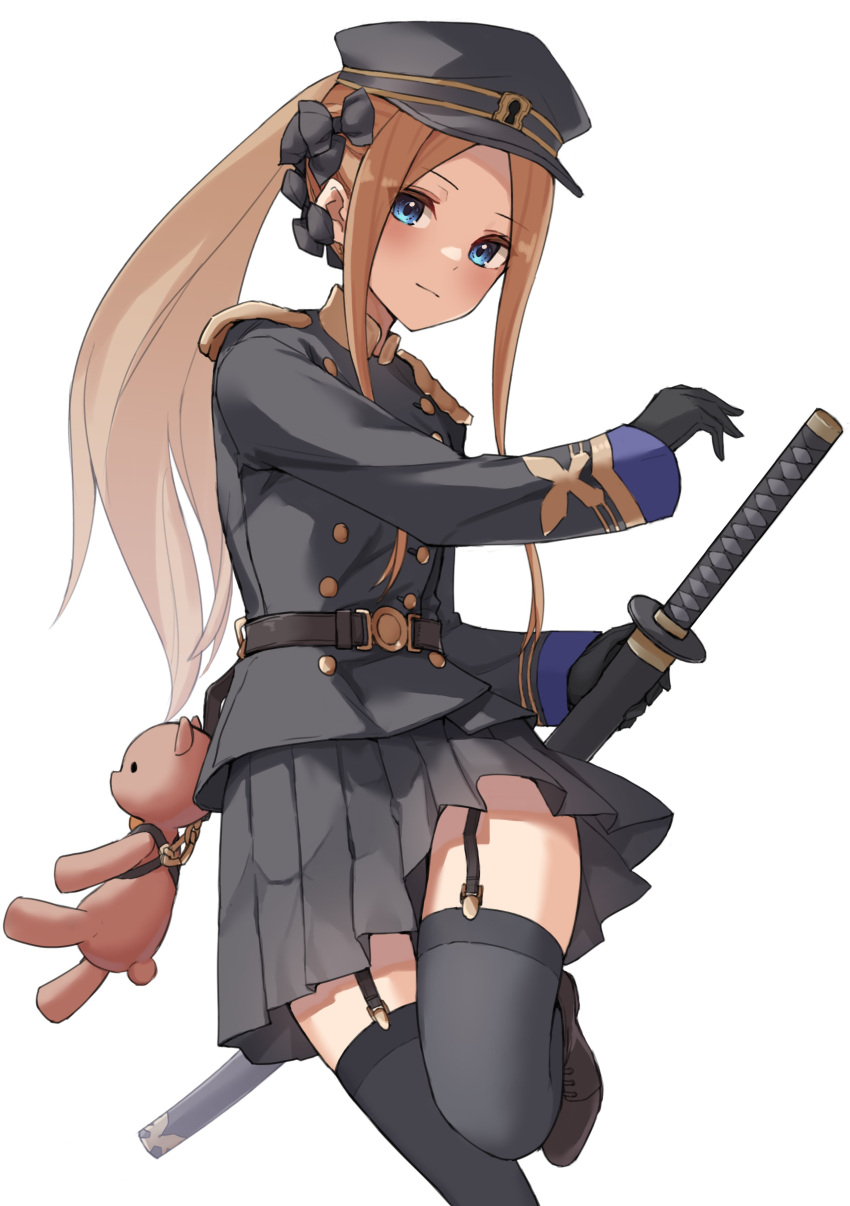 1girl abigail_williams_(fate) absurdres bangs black_bow black_gloves black_headwear black_jacket black_legwear black_skirt blonde_hair blue_eyes blush bow breasts brown_footwear closed_mouth fate/grand_order fate_(series) forehead gloves hair_bow hat highres holding holding_weapon jacket katana kopaka_(karda_nui) long_hair long_sleeves looking_at_viewer military military_hat military_jacket military_uniform parted_bangs ponytail sheath sheathed shoes simple_background skirt small_breasts stuffed_animal stuffed_toy sword teddy_bear thigh-highs uniform weapon white_background
