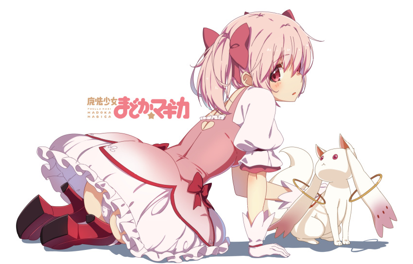 1girl arm_support ass back_cutout bow bubble_skirt clothing_cutout copyright_name creature expressionless eyebrows_visible_through_hair frilled_skirt frilled_sleeves frills full_body gloves hair_over_one_eye hair_ribbon heart_cutout high_heels highres kaname_madoka kyubey light_blush looking_at_viewer looking_back mahou_shoujo_madoka_magica on_ground panties parted_lips pink_eyes pink_hair pink_ribbon puffy_sleeves red_bow red_footwear ribbon sando_(dukedevil) seiza shadow shiny shiny_hair shoes shoulder_blades simple_background sitting skirt solo twintails underwear waist_bow white_background white_gloves white_panties white_skirt