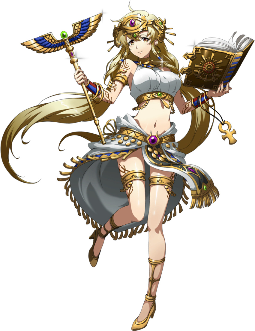 1girl armlet bangs blonde_hair breasts brown_eyes closed_mouth egyptian floating_hair full_body hair_between_eyes hair_ornament hair_tubes high_heels highres holding holding_staff langrisser langrisser_ii large_breasts long_hair looking_at_viewer midriff miniskirt navel official_art riana_(langrisser) shiny shiny_hair shiny_skin skirt smile solo sparkle staff standing standing_on_one_leg stomach tattoo thighlet transparent_background twintails very_long_hair white_skirt