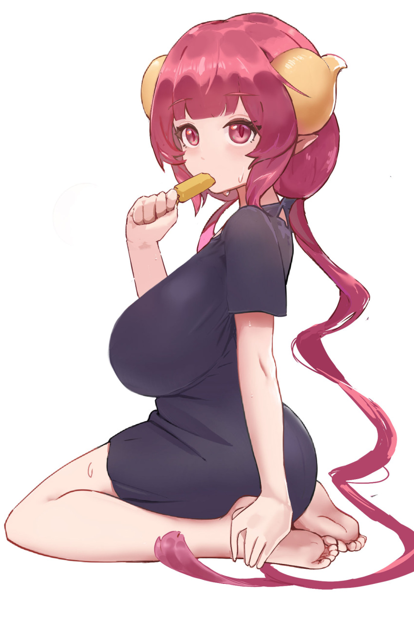 1girl barefoot blush breasts buyong22 curled_horns dot_nose dragon_girl eyebrows_visible_through_hair food_in_mouth highres horns huge_breasts ilulu_(maidragon) kobayashi-san_chi_no_maidragon long_hair low_twintails pointy_ears red_eyes redhead seiza shirt sidelocks sitting slit_pupils solo sweat twintails very_long_hair