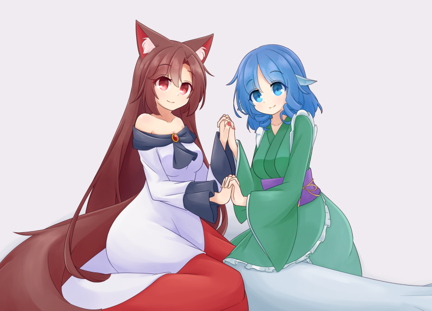 2girls animal_ears bangs blue_eyes blue_hair brooh brown_hair closed_mouth commentary_request dress drill_locks eyebrows_visible_through_hair frilled_kimono frills green_kimono grey_background hashi2387 head_fins highres holding_hands imaizumi_kagerou japanese_clothes kimono long_hair long_sleeves looking_at_viewer mermaid monster_girl multiple_girls off-shoulder_dress off_shoulder purple_sash red_dress red_eyes red_nails sash short_hair simple_background smile tail touhou two-tone_dress wakasagihime white_dress wide_sleeves wolf_ears wolf_tail