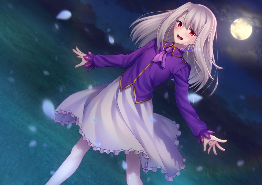 1girl ascot bangs blush breasts fate/stay_night fate_(series) full_moon gyatto624 hair_between_eyes highres illyasviel_von_einzbern long_hair long_sleeves looking_at_viewer moon night night_sky open_mouth purple_shirt red_eyes shirt sidelocks skirt sky small_breasts smile solo white_hair white_skirt