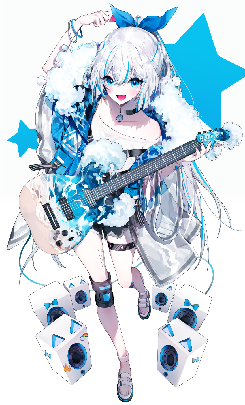 1girl absurdres arm_up bangs bare_shoulders blue_hair blush bracelet breasts choker collarbone commentary commission electric_guitar english_commentary eyebrows_visible_through_hair from_above full_body fur_trim furisode guitar hair_between_eyes hair_ornament hair_ribbon hand_up highres holding holding_instrument holding_plectrum instrument jacket japanese_clothes jewelry kimono knee_guards leg_up long_hair looking_at_viewer muaooooo multicolored_hair off-shoulder_shirt off_shoulder open_mouth original plectrum ponytail ribbon shell_necklace shirt small_breasts smile solo speaker standing star_(symbol) streaked_hair thigh_strap very_long_hair white_background white_hair wide_sleeves