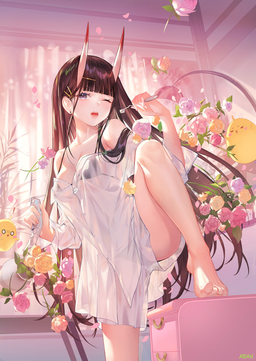 ! 1girl atdan azur_lane bangs barefoot black_bra black_panties blunt_bangs bra breasts brown_hair collarbone commentary curtains drawer earrings english_commentary feet flower flower_pot hair_ornament hairclip highres holding holding_toothbrush horns indoors jewelry long_sleeves looking_at_viewer manjuu_(azur_lane) medium_breasts noshiro_(azur_lane) off_shoulder one_eye_closed oni_horns open_mouth panties pink_flower pink_rose purple_flower purple_rose rose see-through shirt signature solo standing standing_on_one_leg toothbrush toothpaste underwear white_shirt yellow_flower yellow_rose