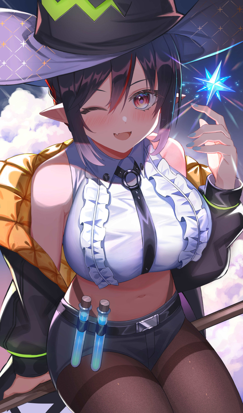 1girl ;d absurdres amahara_subaru arm_support bare_shoulders belt black_headwear black_jacket black_shorts braid breasts brown_legwear chest_harness collared_shirt crop_top fang fine_fabric_emphasis frilled_shirt frills hair_between_eyes hand_up harness hat highleg highres indie_virtual_youtuber isonade_orca jacket large_breasts long_sleeves looking_at_viewer micro_shorts midriff multicolored_hair nail_polish navel off_shoulder one_eye_closed open_clothes open_jacket panty_straps pantyhose pointy_ears red_eyes shirt short_hair short_shorts shorts sidelocks sleeveless sleeveless_shirt smile solo stomach streaked_hair test_tube thighband_pantyhose virtual_youtuber white_shirt witch_hat