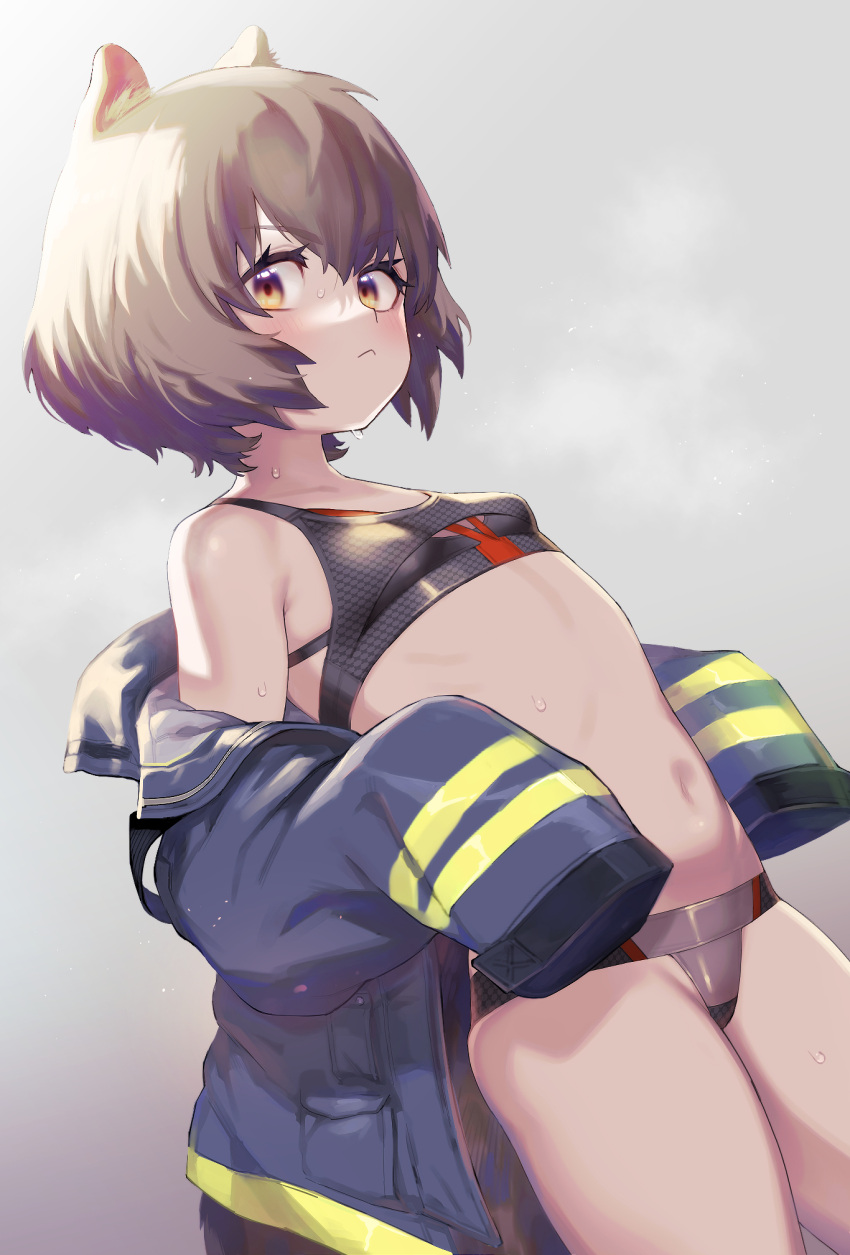 1girl animal_ear_fluff animal_ears arknights atte_nanakusa blush breasts brown_eyes brown_hair closed_mouth cowboy_shot grey_background highres jacket looking_at_viewer navel off_shoulder pocket shaw_(arknights) short_hair sleeves_past_fingers sleeves_past_wrists small_breasts solo squirrel_ears squirrel_girl squirrel_tail sweat tail