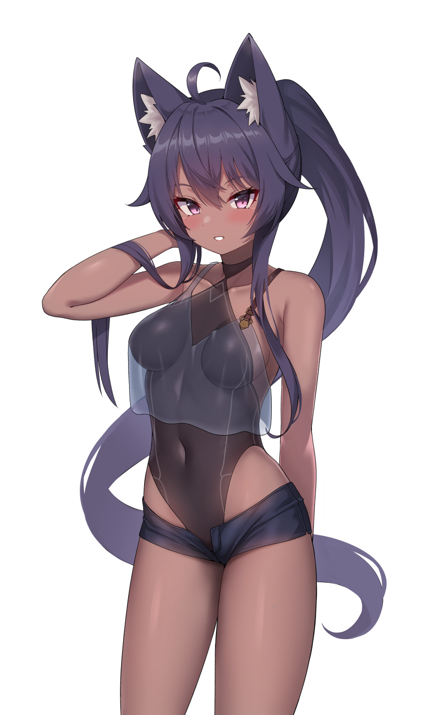 1girl absurdres ahoge animal_ears arm_behind_back arm_up bare_arms bare_shoulders black_hair black_leotard black_shorts breasts commission covered_navel crop_top crop_top_overhang dark_skin gomrang grin highleg highleg_leotard highres leotard long_hair looking_at_viewer medium_breasts micro_shorts open_fly original ponytail see-through sheer_clothes shirt shorts sleeveless sleeveless_shirt smile solo standing thighs transparent_background very_long_hair violet_eyes wolf_ears