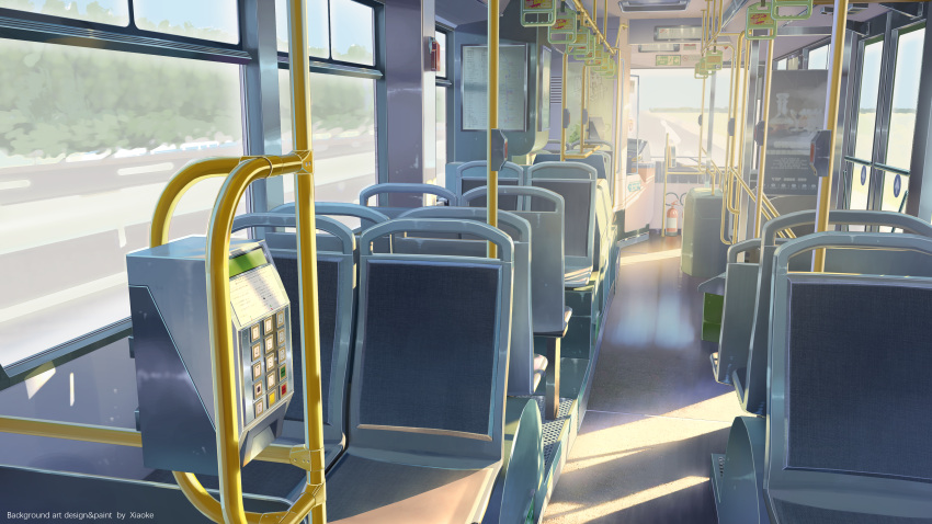 absurdres artist_name bus_interior day english_commentary english_text fire_extinguisher highres no_humans original plant road scenery seat shade sky sunlight tree xiaoke