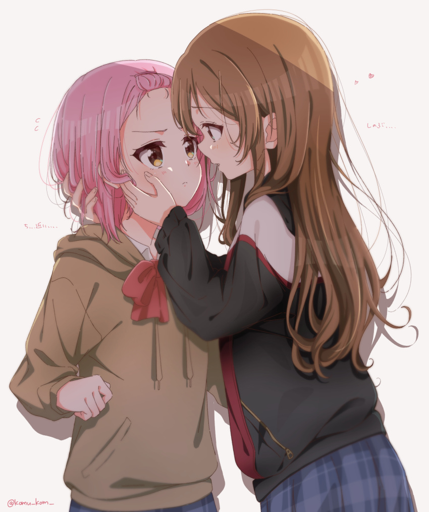 2girls bangs_pinned_back brown_hair clenched_hand commentary d4dj hand_on_another's_face highres hood hoodie inuyose_shinobu komu_kom long_hair multiple_girls open_mouth pink_hair pout school_uniform simple_background translated twitter_username white_background yamate_kyouko