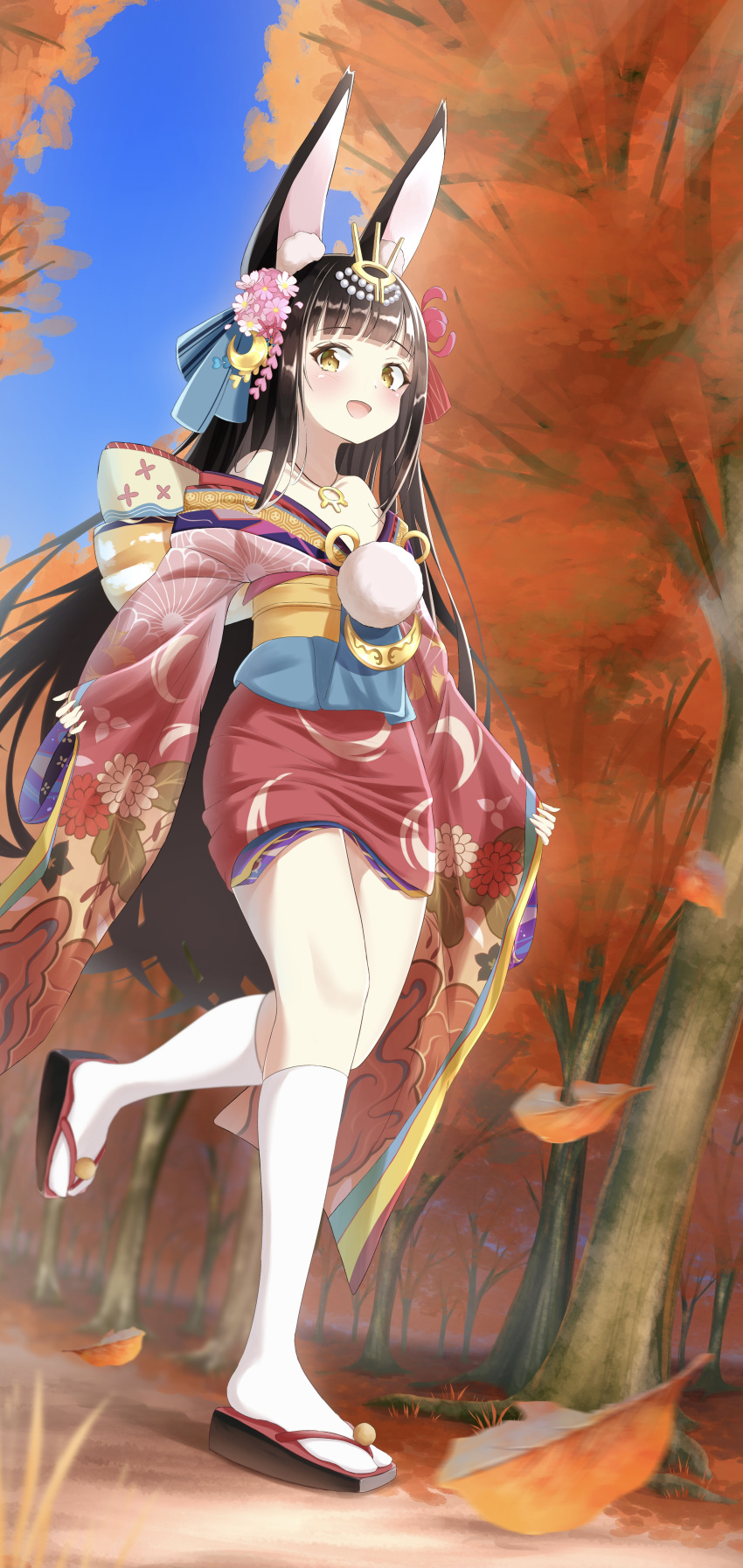 1girl :d absurdres animal_ears autumn_leaves azur_lane bangs bare_shoulders black_hair blue_sky blunt_bangs blurry cien_(shikanokuni) commentary_request depth_of_field eyebrows_visible_through_hair forest fox_ears full_body furisode hair_ornament headpiece highres japanese_clothes jewelry kimono kneehighs long_hair long_sleeves looking_at_viewer nagato_(azur_lane) nagato_(guardian_fox's_shining_furisode)_(azur_lane) nature necklace obi off_shoulder sash sidelocks sky smile solo tree walking white_legwear wide_sleeves yellow_eyes