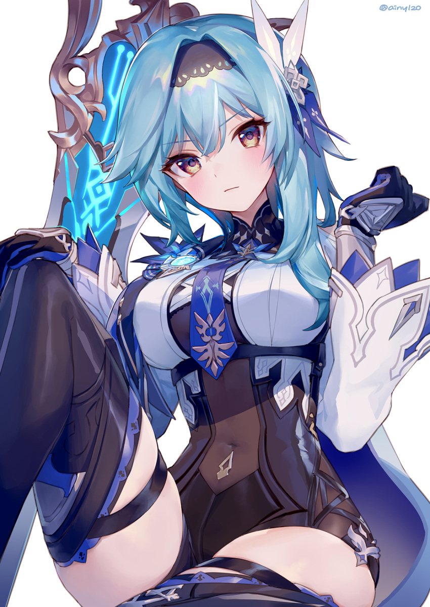 1girl ainy arm_up bangs black_gloves black_legwear black_leotard blue_hair blue_neckwear blush breasts cape claymore_(sword) closed_mouth commentary_request eula_(genshin_impact) eyebrows_visible_through_hair eyelashes genshin_impact gloves grey_eyes hair_between_eyes hair_ornament hairband hand_on_own_knee head_tilt highres holding holding_sword holding_weapon large_breasts leg_up leotard long_hair long_sleeves looking_at_viewer necktie parted_lips sidelocks simple_background sitting solo sword thigh-highs twitter_username two-tone_gloves v-shaped_eyebrows vision_(genshin_impact) weapon white_background yellow_eyes zettai_ryouiki