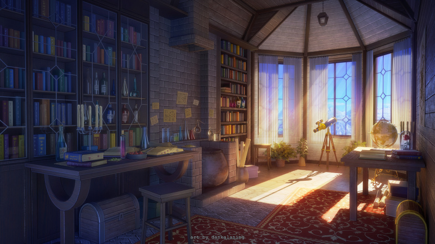 book bookshelf bottle box candle candlestand carpet commentary_request curtains dankalaning day flower globe highres mountain no_humans open_book original plant rose scenery shade sky stool sunlight table telescope vial window