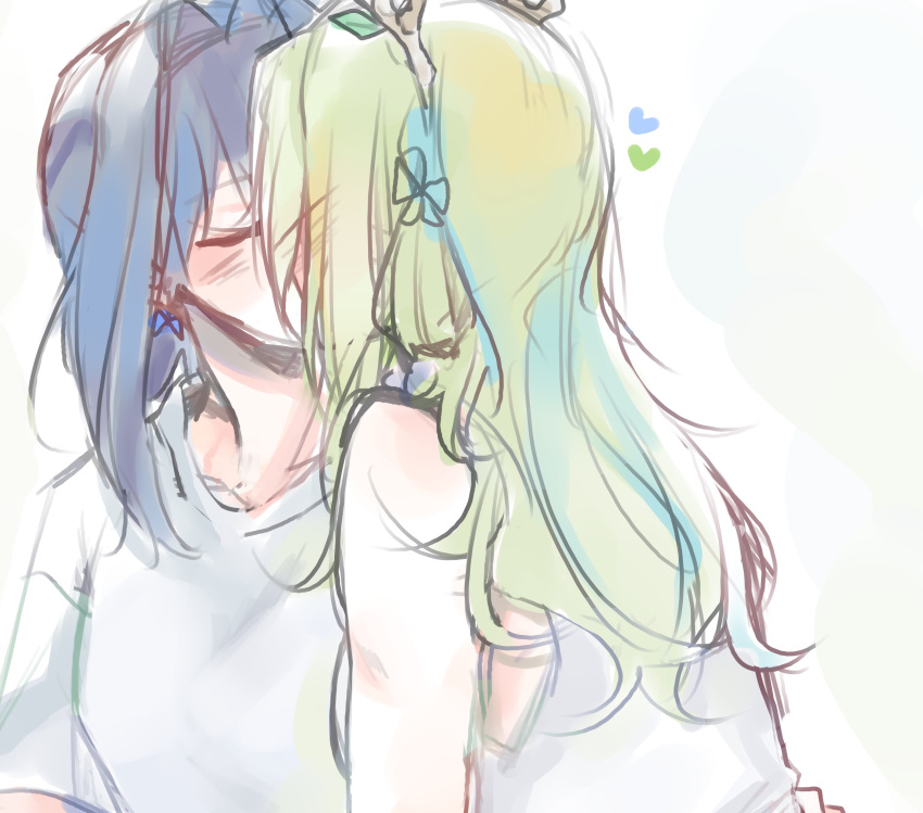 2girls absurdres blue_hair blue_heart blush bow bow_earrings ceres_fauna closed_eyes earrings english_commentary eyebrows_visible_through_hair green_hair heart highres hololive hololive_english jewelry kiss legzy multiple_girls ouro_kronii virtual_youtuber yuri