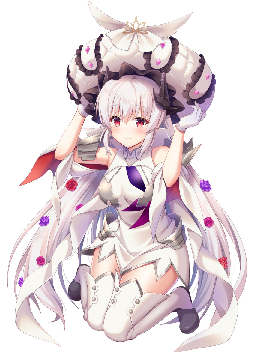 1girl breasts cosplay dragon_girl dragon_horns dress fate/grand_order fate_(series) frilled_hat frills gloves grey_hair hat highres horns kiyohime_(fate) large_breasts large_hat long_hair marie_antoinette_(fate) marie_antoinette_(fate)_(cosplay) multiple_horns red_eyes short_dress sleeveless sleeveless_dress solo suzumia_(daydream) thigh-highs very_long_hair white_dress white_gloves white_headwear white_legwear