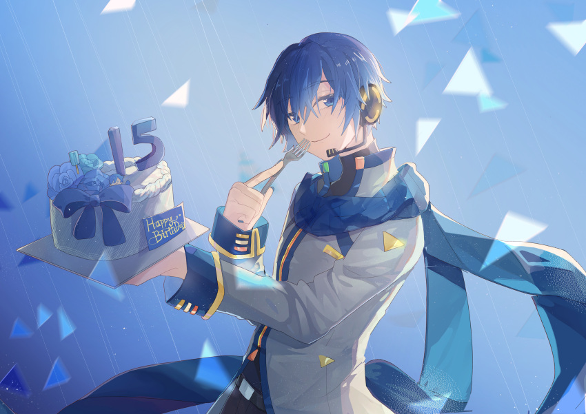 1boy absurdres blue_eyes blue_flower blue_hair blue_rose cake coat flower food fork happy_birthday headphones highres holding holding_food holding_fork kaito_(vocaloid) linch male_focus ribbon rose scarf short_hair smile solo vocaloid