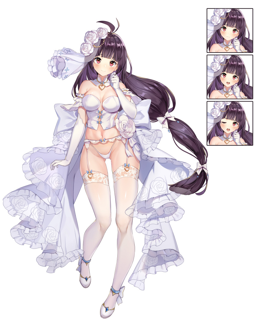 1girl absurdres ahoge ass_visible_through_thighs bangs bare_shoulders black_hair blunt_bangs bow bow_legwear breasts bride closed_mouth curled_fingers detached_collar detached_sleeves dress elbow_gloves eyebrows_visible_through_hair flower frilled_dress frills garter_belt garter_straps gloves hair_flower hair_ornament hand_up heart_ring high_heels highres lingerie long_hair lower_teeth maorzshu multicolored_hair navel one_eye_closed open_mouth original panties pantyhose purple_hair red_eyes rose simple_background smile solo split_mouth standing tachi-e teeth thigh-highs thighs two-tone_hair underwear upper_teeth veil wavy_mouth wedding_dress white_background white_bow white_dress white_flower white_gloves white_legwear white_panties white_rose