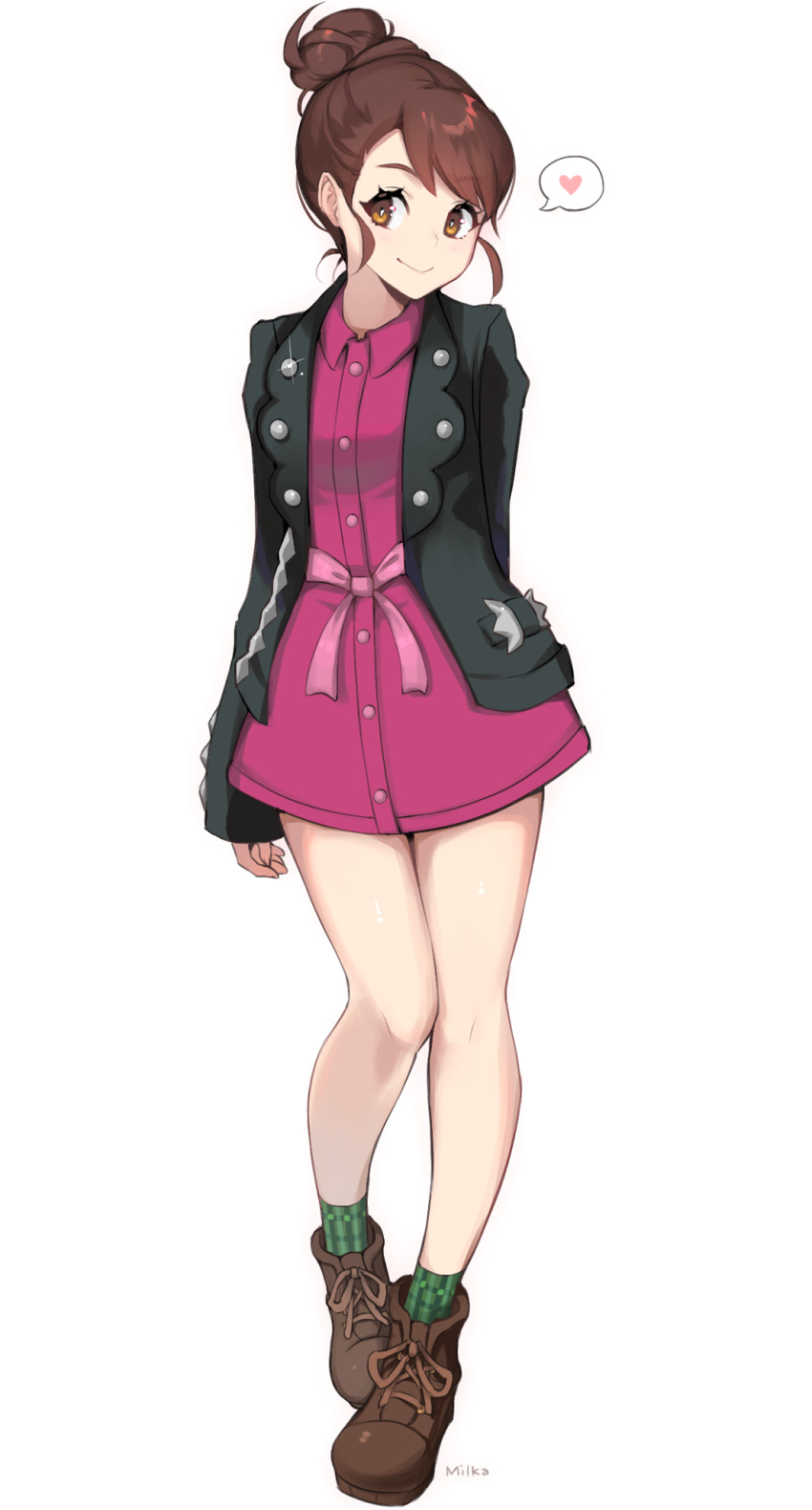 1girl alternate_hairstyle artist_name black_jacket boots brown_eyes brown_footwear brown_hair buttons closed_mouth cosplay dress eyelashes gloria_(pokemon) green_socks hair_bun heart highres jacket knees marnie_(pokemon) marnie_(pokemon)_(cosplay) milka_(milk4ppl) open_clothes open_jacket pigeon-toed pink_dress plaid plaid_socks pokemon pokemon_(game) pokemon_swsh short_hair single_hair_bun smile socks solo spoken_heart standing
