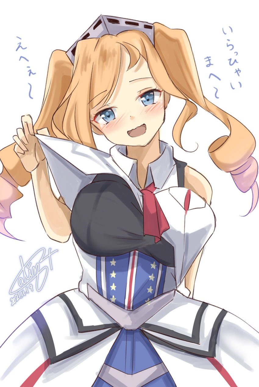 1girl blonde_hair blue_eyes breasts commentary_request dated dress drill_hair headgear highres honolulu_(kancolle) kantai_collection large_breasts long_hair looking_at_viewer military military_uniform one-hour_drawing_challenge overskirt pen_chou pleated_dress signature simple_background solo translation_request twin_drills twintails uniform white_background