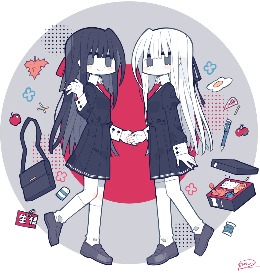 2girls absurdres apple armband armband_removed bag bento black_dress black_eyes black_footwear black_hair black_ribbon bow cherry colored_skin commentary dress eraser food fried_egg fruit full_body hair_bow hair_ornament hair_ribbon hairclip hairclip_removed highres holding_hands jitome jiumo juliet_sleeves leaf loafers long_sleeves looking_at_viewer maple_leaf multiple_girls necktie original pen puffy_sleeves red_bow red_necktie ribbon safety_pin school_bag shirt shoes sleeve_cuffs socks spool sunny_side_up_egg symbol-only_commentary thigh-highs white_hair white_legwear white_shirt white_skin