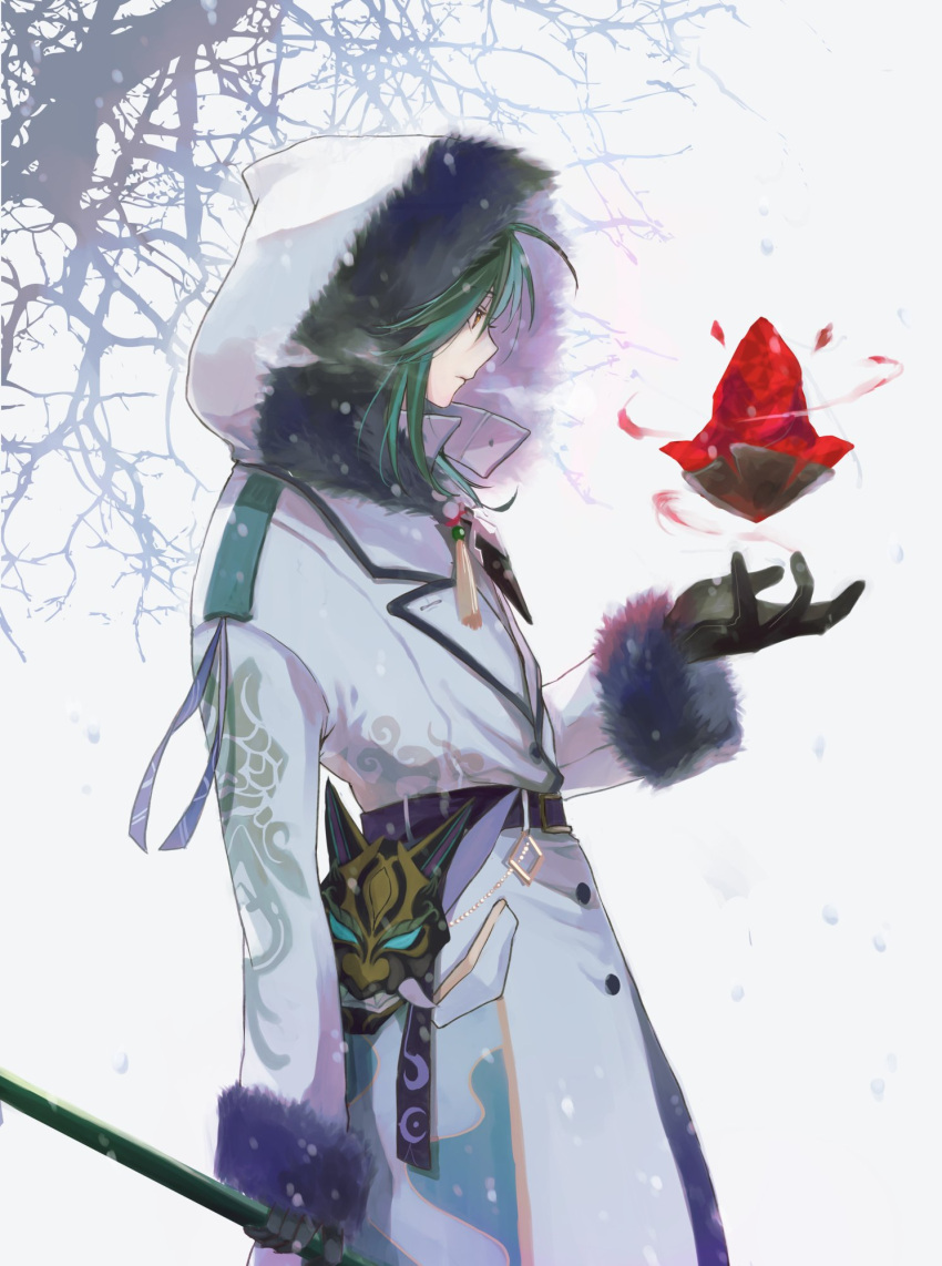 1boy ahoge bangs belt black_belt black_gloves coat commentary_request from_side fur-trimmed_hood fur-trimmed_sleeves fur_trim gem genshin_impact gloves green_hair highres holding holding_polearm holding_weapon hood hooded_coat long_sleeves male_focus mask mask_removed polearm profile seri_gnsn sidelocks snow solo tree weapon white_background white_coat wing_collar xiao_(genshin_impact)