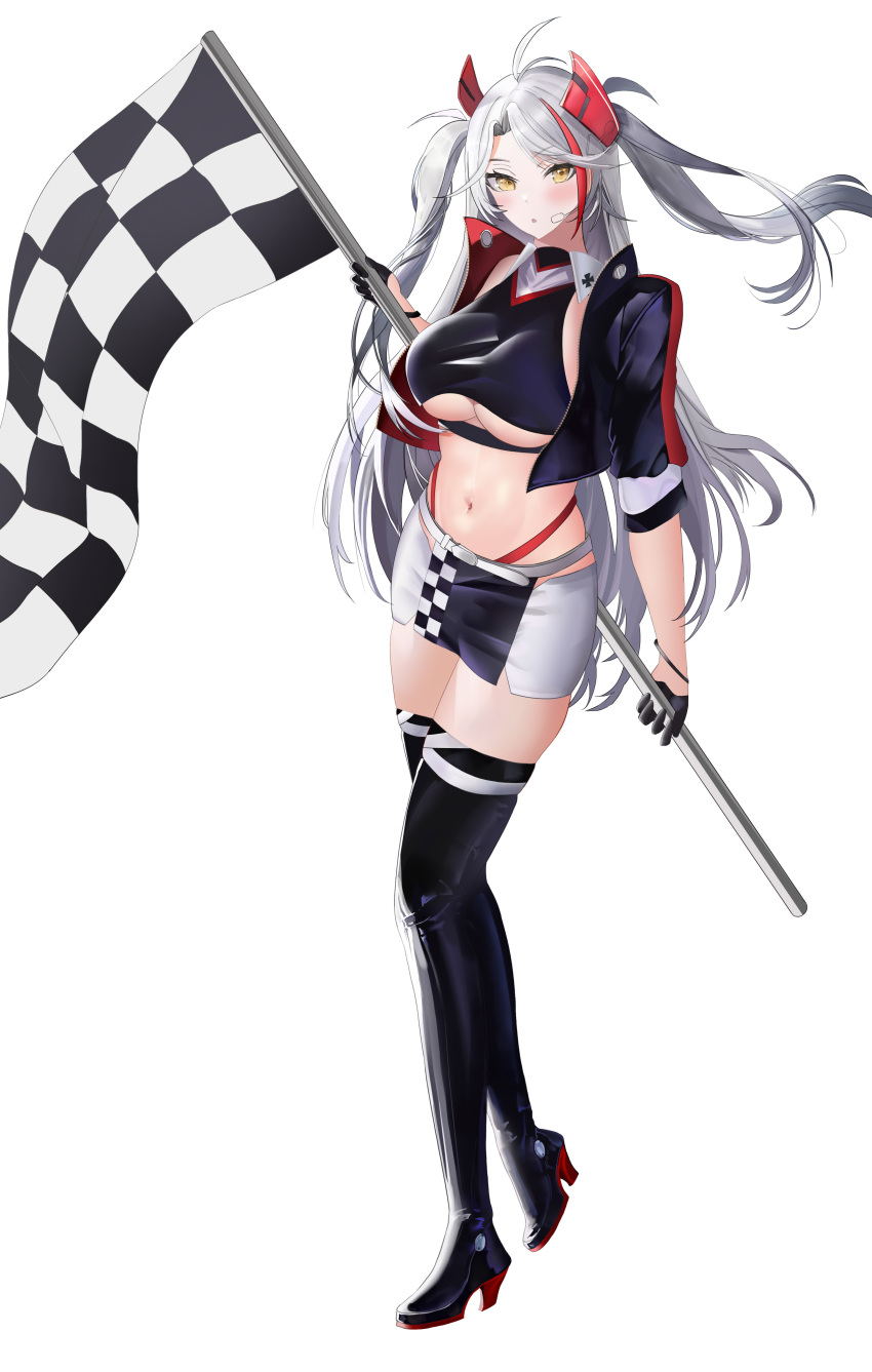 1girl :o absurdres antenna_hair azur_lane bangs belt black_footwear black_gloves black_jumpsuit black_shirt black_skirt blush boots breasts checkered checkered_flag clothing_cutout collared_shirt commentary crop_top cropped_jacket cropped_shirt earpiece eyebrows_visible_through_hair flag full_body gloves hair_between_eyes half_gloves headgear high_heel_boots high_heels highleg highleg_panties highres holding holding_flag iron_cross jacket large_breasts long_hair looking_at_viewer midriff miniskirt multicolored_hair navel official_alternate_costume open_clothes open_jacket panties parted_bangs prinz_eugen_(azur_lane) prinz_eugen_(final_lap)_(azur_lane) racequeen red_panties redhead rudder_footwear shirt short_sleeves sidelocks silver_hair simple_background skindentation skirt sleeveless sleeveless_shirt solo standing streaked_hair swept_bangs taut_clothes taut_shirt thigh-highs thigh_boots two-tone_skirt two_side_up under_boob underboob_cutout underwear very_long_hair white_background white_belt white_skirt yellow_eyes zettai_ryouiki zhanggong