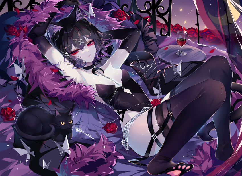 1girl alcohol animal_ears armpits arms_up artist_name bare_shoulders black_cat black_gloves black_hair black_legwear black_leotard cat cat_ears commentary_request cupping_glass elbow_gloves feather_boa flower french_commentary gloves highres leotard lying no_shoes on_back original petals red_eyes red_flower red_rose rose rose_petals sheya short_hair signature solo thigh-highs thighs wine