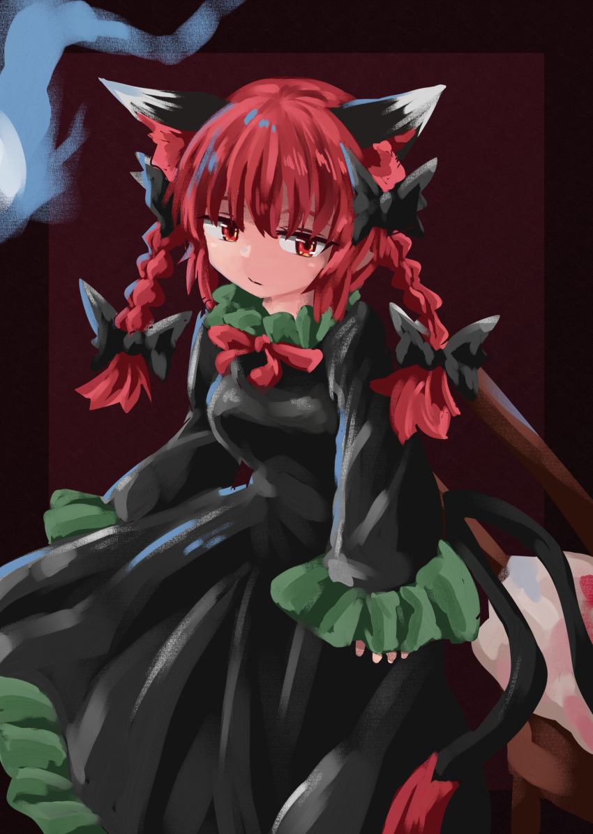 1girl animal_ears bangs black_background black_bow black_dress bow braid cat_ears cat_tail chups closed_mouth dress eyebrows_behind_hair frilled_sleeves frills hair_bow highres hitodama kaenbyou_rin long_sleeves looking_at_viewer medium_hair multiple_tails nekomata red_eyes redhead side_braids simple_background solo tail touhou twin_braids two_tails wide_sleeves