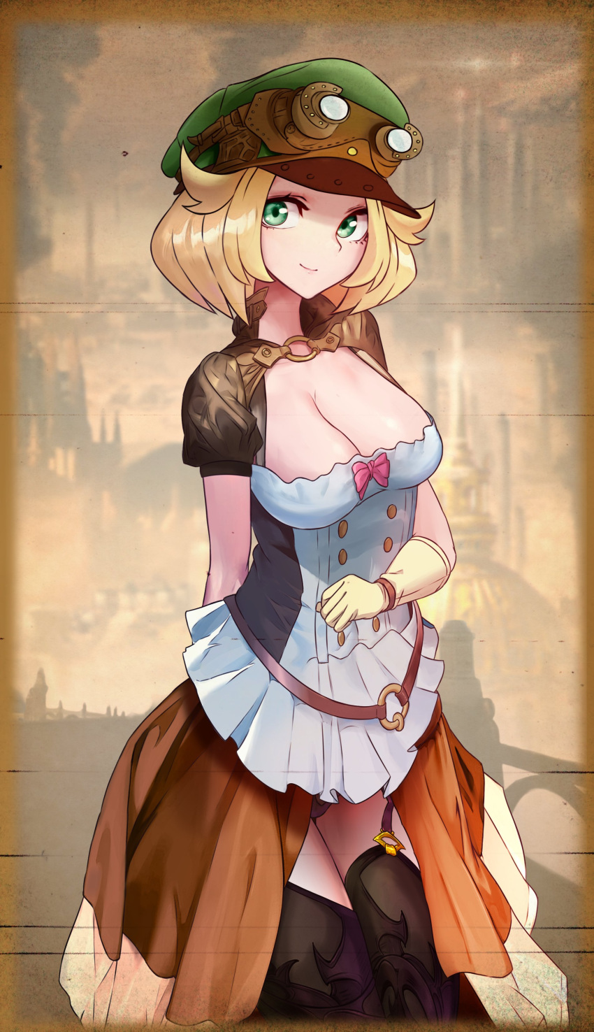 absurdres bianca_(pokemon) blonde_hair breasts corset dress factory gloves goggles green_eyes green_headwear hat highres large_breasts leather leather_gloves looking_at_viewer outdoors pokemon pokemon_(game) pokemon_bw smoke steampunk thigh-highs unstableboiler