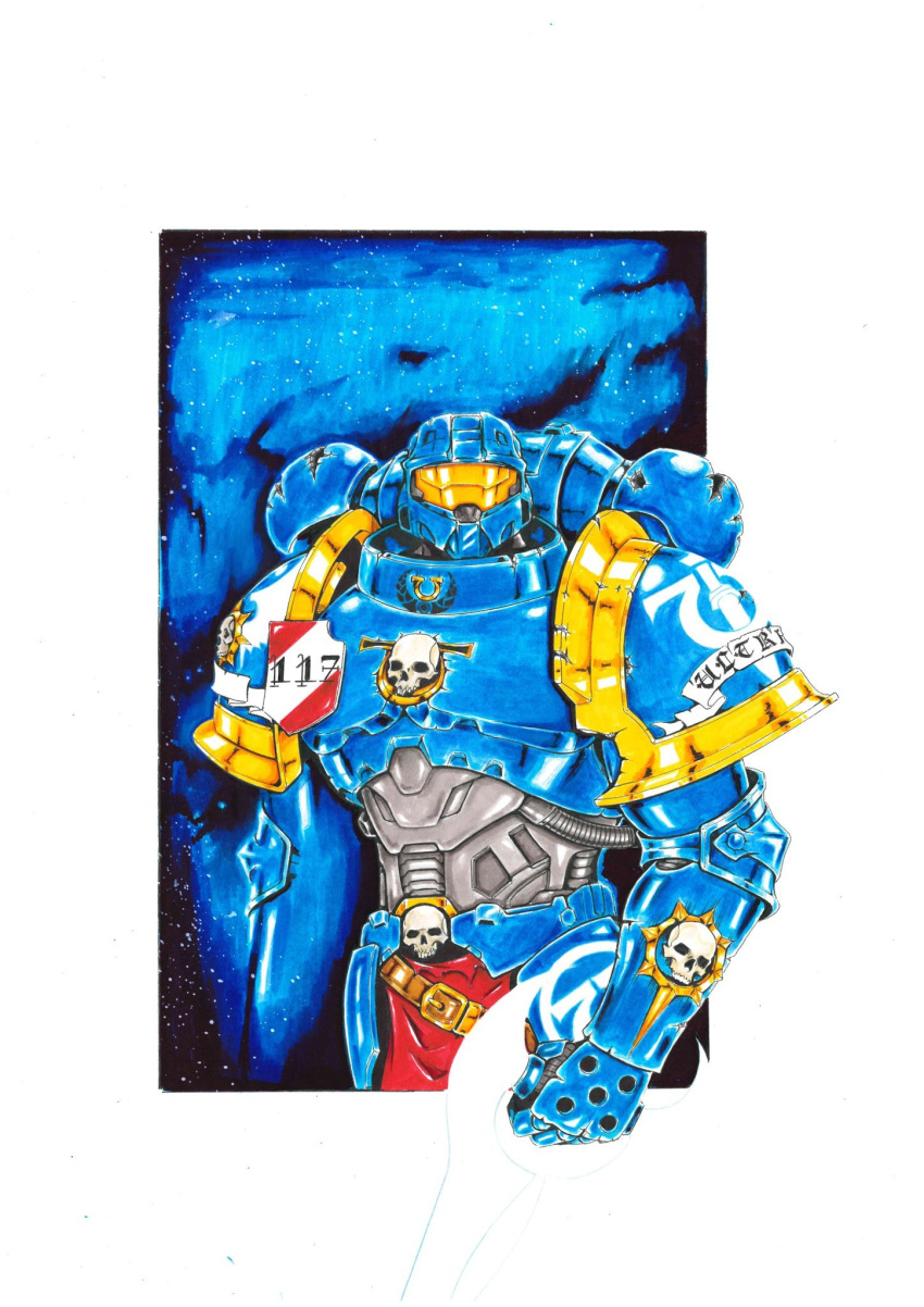 1boy adeptus_astartes auri_(aurimas_jucy) border cable crossover english_commentary fusion halo_(game) highres looking_at_viewer marker_(medium) master_chief outside_border power_armor science_fiction skull solo space traditional_media type-1_energy_sword visor warhammer_40k white_border