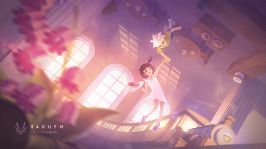 blurry boy_(rakuen) brown_hair child copyright_name dated doughnut dress food ground_vehicle highres holding_hands indoors paper_hat rakuen shirt shoes side_ponytail sue_(rakuen) table train white_dress white_footwear window yellow_shirt