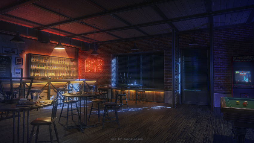 alcohol artist_name bar billiards bottle chair commentary cup dankalaning english_text highres lamp light menu_board night night_sky no_humans original plate scenery shelf sky stool table tissue tissue_box wooden_floor