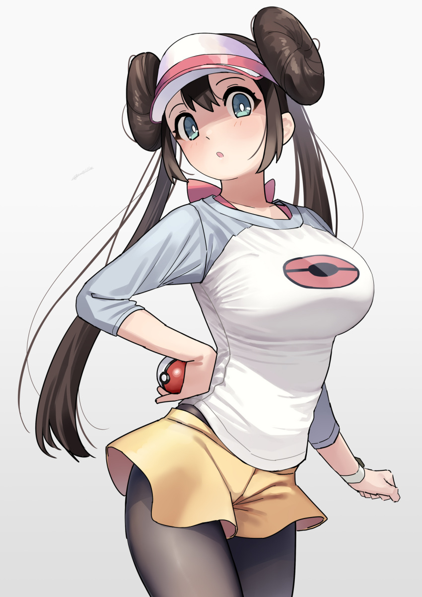 1girl :o black_legwear blue_eyes breasts brown_hair double_bun gradient gradient_background grey_background hand_on_hip highres holding holding_poke_ball kaedeko_(kaedelic) large_breasts long_hair looking_at_viewer pantyhose poke_ball pokemon pokemon_(game) pokemon_bw2 raglan_sleeves rosa_(pokemon) shorts solo twintails yellow_shorts