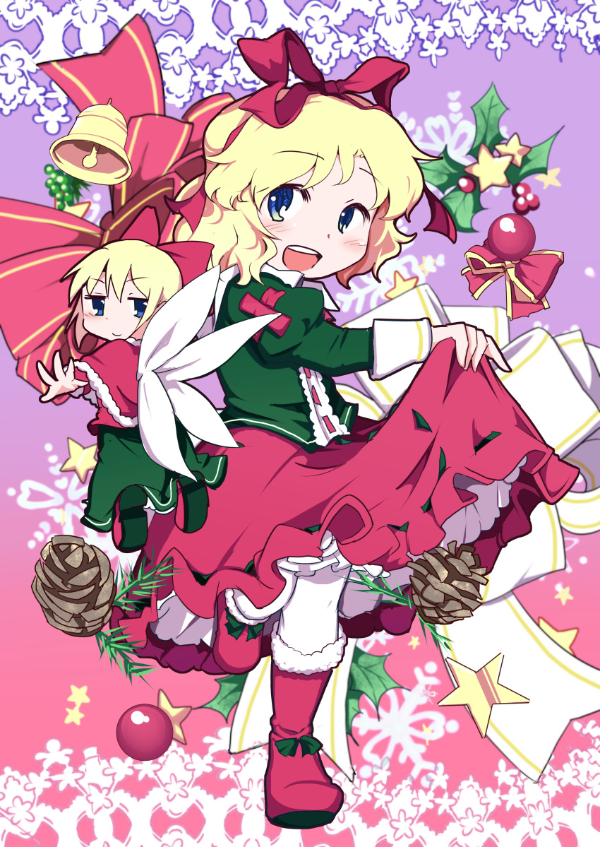 1girl absurdres alternate_color bell blonde_hair blue_eyes bow bubble_skirt christmas doll fairy_wings frilled_shirt frilled_shirt_collar frills highres kanisawa_yuuki leg_up long_sleeves medicine_melancholy mistletoe open_mouth pinecone red_bow red_ribbon ribbon shirt short_hair skirt skirt_hold smile star_(symbol) su-san touhou wavy_hair wings