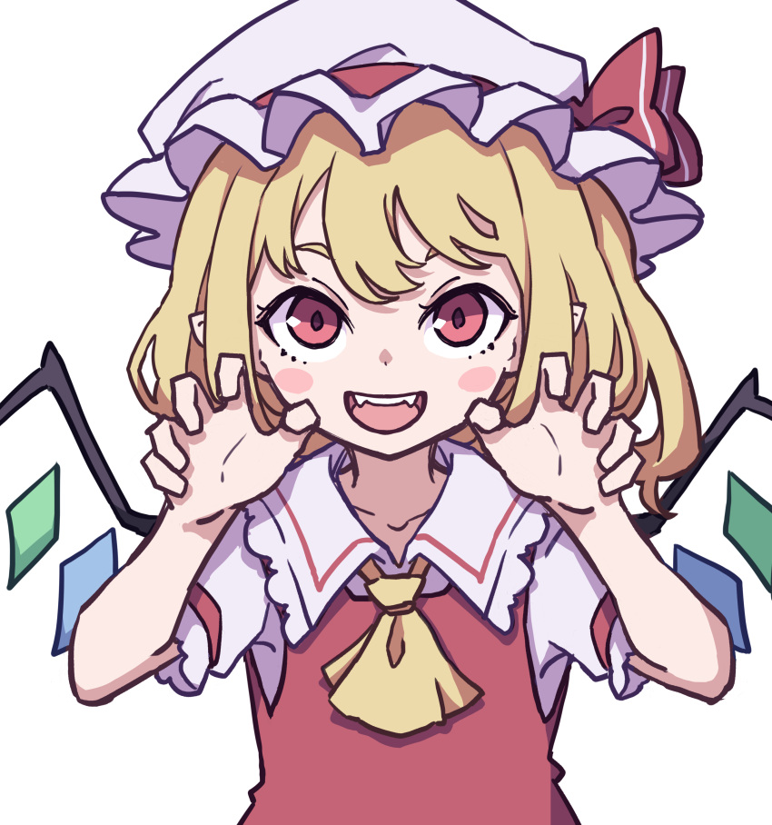 1girl absurdres ascot blonde_hair bow crystal fangs flandre_scarlet frilled_shirt_collar frilled_sleeves frills hat hat_ribbon highres kame_(kamepan44231) medium_hair mob_cap one_side_up puffy_short_sleeves puffy_sleeves red_bow red_eyes red_ribbon red_vest ribbon shirt short_sleeves simple_background solo touhou vest white_background white_shirt wings yellow_ascot yellow_neckwear