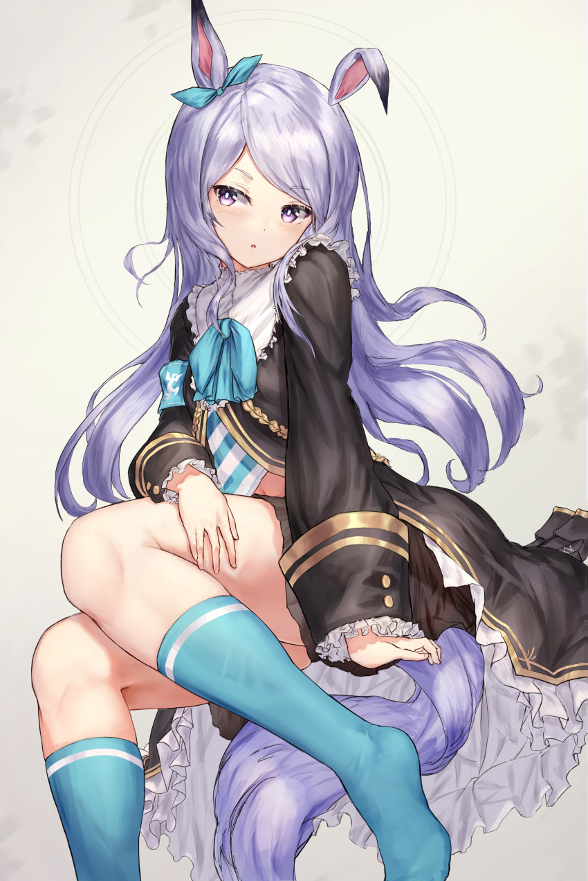 1girl :o absurdres animal_ears bangs blue_bow blue_bowtie blue_legwear blue_ribbon blush bow bowtie dutch_angle ear_ribbon eyebrows_visible_through_hair frilled_skirt frills from_below hand_on_own_thigh highres horse_ears horse_girl horse_tail kneehighs knees long_hair long_sleeves looking_to_the_side mejiro_mcqueen_(umamusume) midriff_peek pleated_skirt purple_hair ribbon simple_background sitting skirt solo swept_bangs tail taku57 umamusume violet_eyes white_background