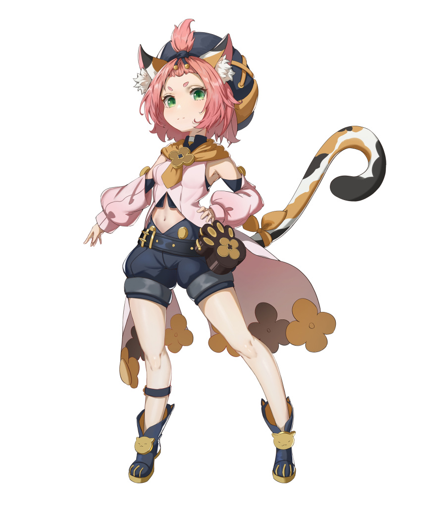 1girl absurdres animal_ears animal_print bag bangs_pinned_back belt black_nails black_shorts cat_ears cat_girl cat_print cat_tail choker commentary_request detached_sleeves diona_(genshin_impact) forehead full_body genshin_impact gloves green_eyes hair_ribbon hand_on_hip hat highres long_sleeves looking_at_viewer midriff navel paw_print pink_hair puffy_detached_sleeves puffy_shorts puffy_sleeves ribbon short_hair shorts sidelocks simple_background solo standing tail thick_eyebrows white_background white_gloves y_zze