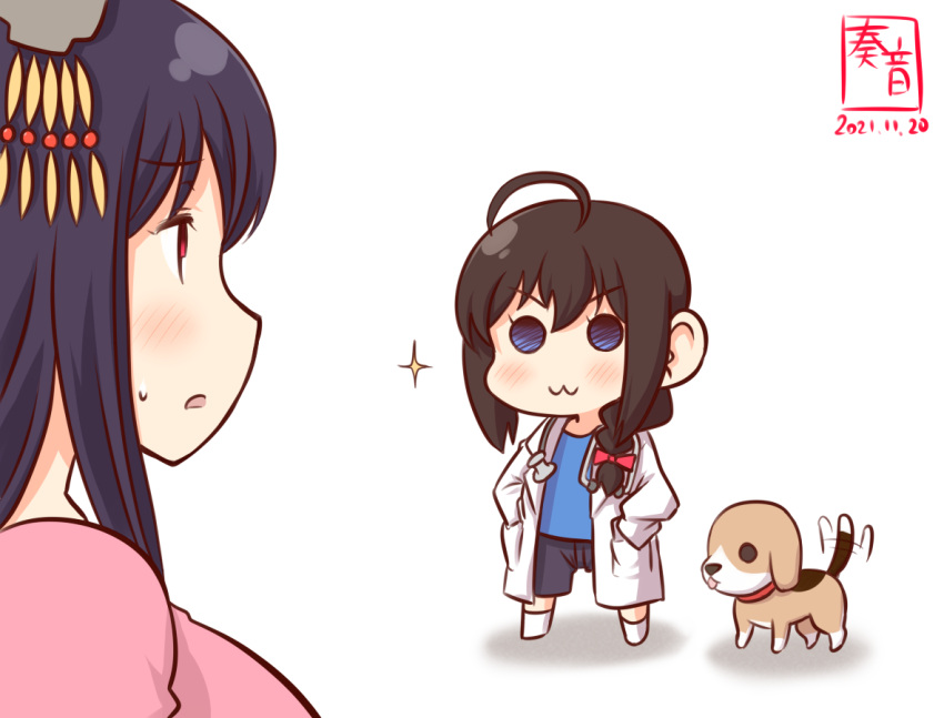 2girls age_difference ahoge black_hair black_pants blue_eyes blue_shirt blush braid brown_hair closed_mouth coat commentary_request dated dog eyebrows_visible_through_hair hair_ornament hair_ribbon kanon_(kurogane_knights) kantai_collection medium_hair multiple_girls one-hour_drawing_challenge open_mouth pants pink_shirt red_eyes red_ribbon ribbon shigure_(kancolle) shirt short_hair signature simple_background socks sparkle sweatdrop white_background white_coat yamashiro_(kancolle) younger