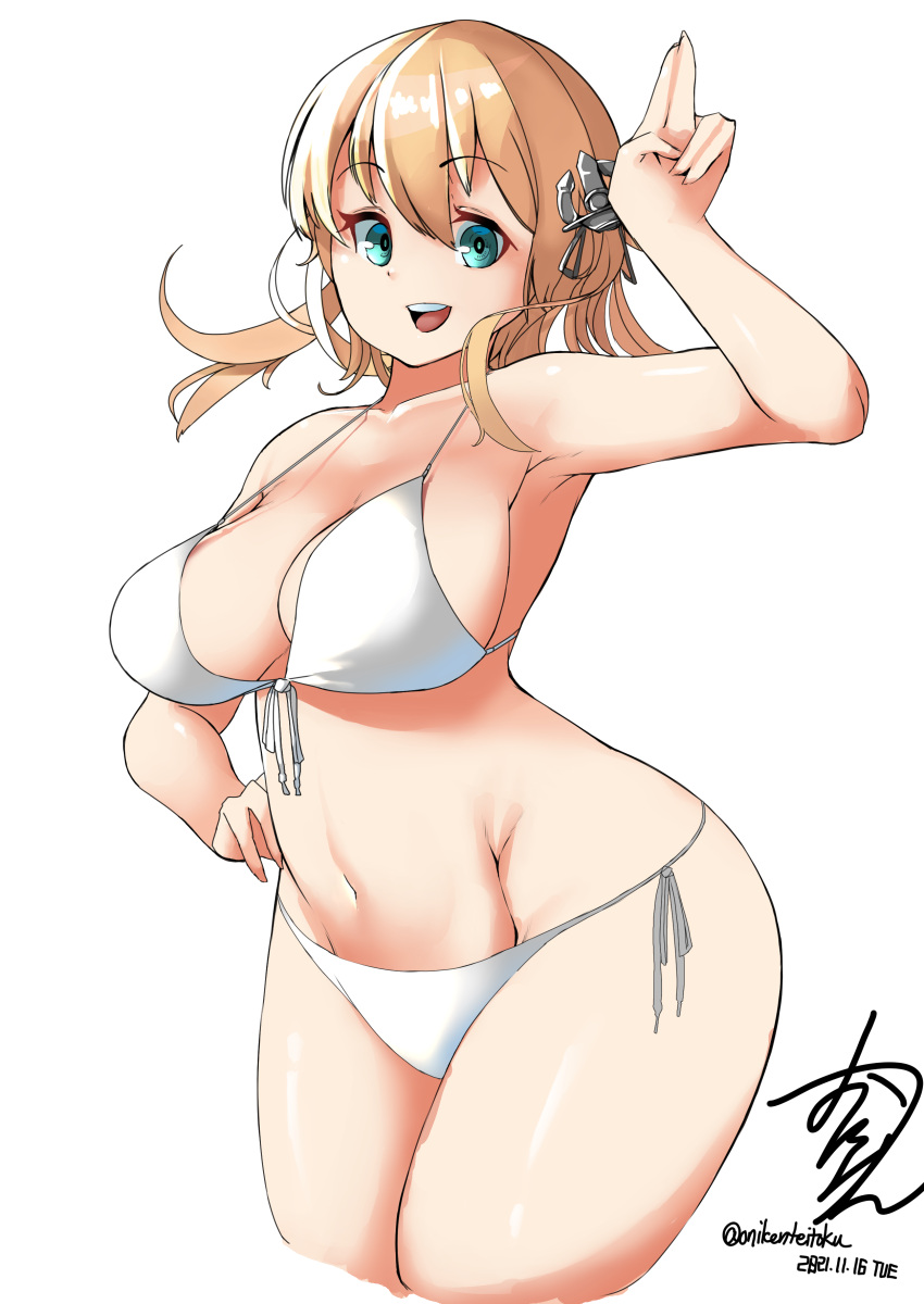 1girl absurdres anchor_hair_ornament aqua_eyes bikini blonde_hair bomber_jacket breasts cowboy_shot dated groin hair_ornament highres jacket kantai_collection large_breasts long_hair looking_at_viewer navel oniken open_clothes prinz_eugen_(kancolle) side-tie_bikini signature smile solo swimsuit twintails twitter_username white_bikini wide_hips
