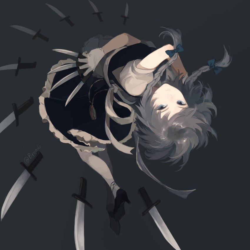 1girl absurdres action ankle_ribbon apron arched_back attack bangs between_fingers black_dress black_footwear blue_bow blue_eyes bow braid breedo dress frown full_body grey_hair hair_bow high_heels highres holding holding_knife incoming_attack izayoi_sakuya knife knives_between_fingers looking_at_viewer midair pantyhose pocket_watch puffy_short_sleeves puffy_sleeves ribbon shoe_soles short_hair short_hair_with_long_locks short_sleeves side_braid solo throwing throwing_knife too_many too_many_knives touhou twin_braids upside-down waist_apron watch weapon