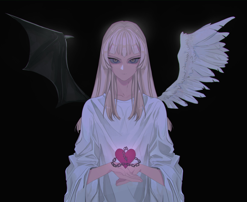 1other absurdres angel_and_devil angel_wings asymmetrical_wings black_background blonde_hair change_of_heart commentary commission demon_wings duel_monster gavll heart highres long_hair looking_at_viewer simple_background solo wings yu-gi-oh!
