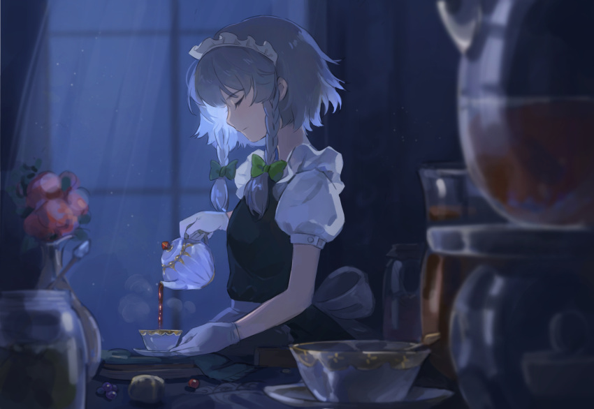 1girl apron bangs beads black_tea blurry bow braid breedo closed_eyes cup curtains depth_of_field eyelashes flower from_side gloves green_bow grey_hair hair_bow highres holding holding_teapot indoors izayoi_sakuya jar maid_headdress night pouring profile puffy_short_sleeves puffy_sleeves saucer short_hair short_hair_with_long_locks short_sleeves side_braid silver_hair smile solo steam table tea teacup teapot touhou twin_braids upper_body vase waist_apron white_apron white_gloves window