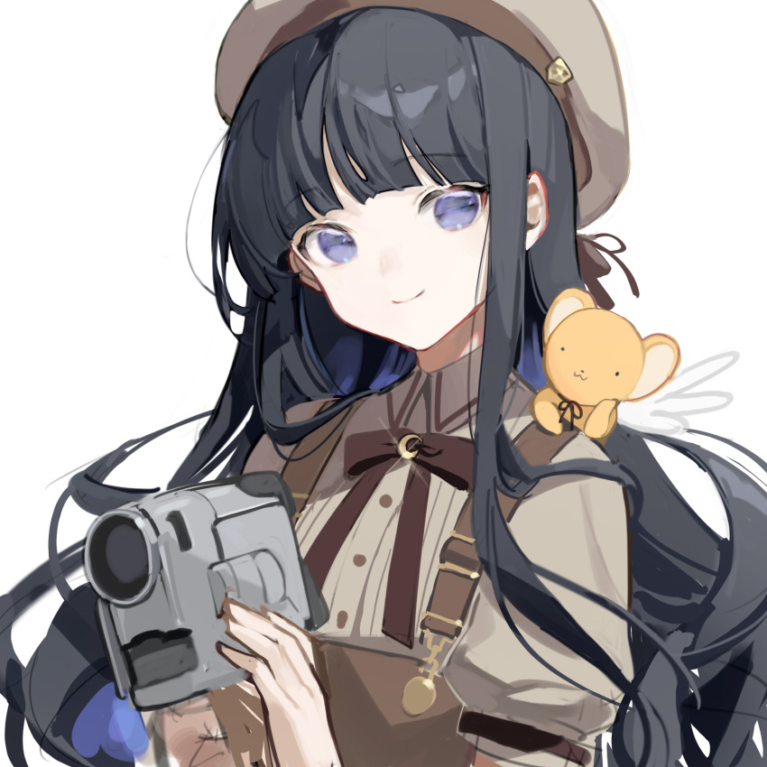 1girl :3 bangs beige_headwear beige_shirt beret black_hair blue_eyes blunt_bangs bow bowtie brown_bow brown_bowtie brown_dress camcorder camera cardcaptor_sakura chyoel closed_mouth creature creature_on_shoulder daidouji_tomoyo dress hat highres hime_cut holding holding_camera kero long_hair looking_at_viewer on_shoulder puffy_short_sleeves puffy_sleeves short_sleeves simple_background smile solo upper_body very_long_hair white_background