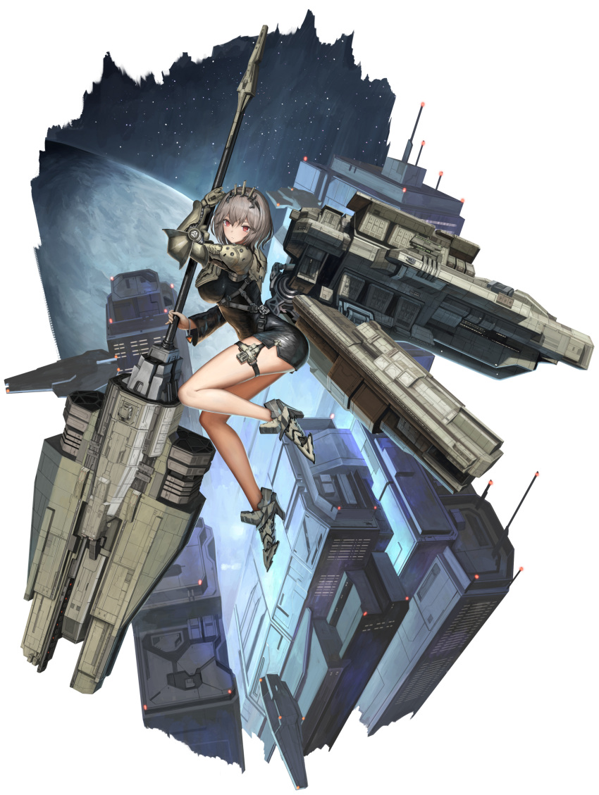 1girl absurdres armor bangs black_dress breasts commentary_request copyright_request dress gauntlets grey_hair high_heels highres holding holding_weapon large_breasts looking_at_viewer mecha_musume nihoshi_(bipedal_s) personification red_eyes science_fiction short_hair shoulder_armor single_gauntlet solo space weapon