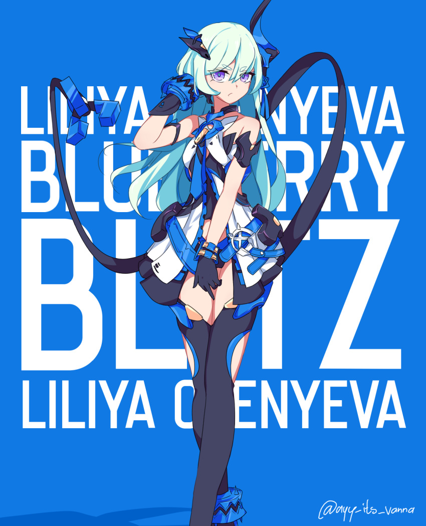 1girl artist_name bangs bare_shoulders black_footwear black_gloves blue_background blue_eyes blue_hair boots character_name closed_mouth dress gloves highres honkai_(series) honkai_impact_3rd horns liliya_olenyeva long_hair looking_at_viewer single_horn sleeveless sleeveless_dress solo standing tail thigh_boots vanna white_dress