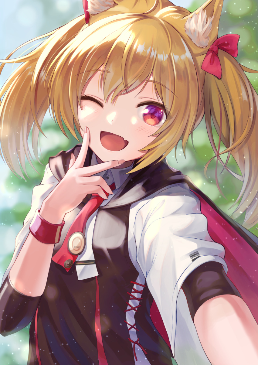1girl ;d akabane_hibame animal_ear_fluff animal_ears arknights bangs blonde_hair blush cape commentary_request day eyebrows_visible_through_hair fang fingernails highres long_fingernails long_hair looking_at_viewer necktie one_eye_closed open_mouth outdoors outstretched_arm red_cape red_eyes red_necktie selfie short_sleeves skin_fang smile solo sora_(arknights) twintails upper_body v wolf_ears wristband