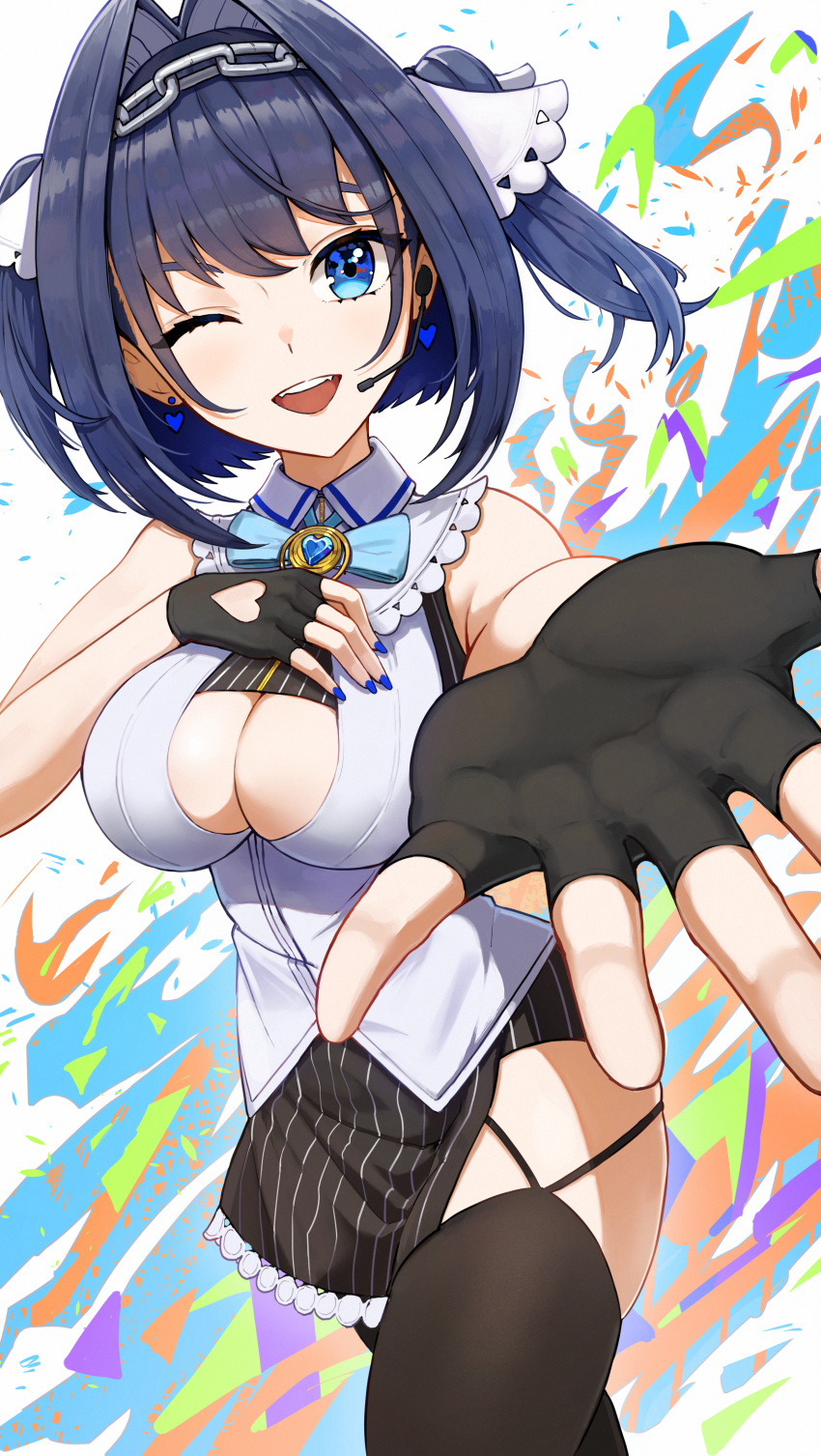 1girl absurdres black_gloves black_hair black_legwear black_shirt black_skirt blue_hair bow breasts chain cleavage_cutout clothing_cutout colored_inner_hair cropped_shirt gloves hair_bow hair_intakes hand_on_own_chest headband heart-shaped_gem highres hololive hololive_english matmaj medium_breasts miniskirt multicolored_hair ouro_kronii partially_fingerless_gloves pinstripe_pattern pinstripe_shirt pinstripe_skirt reaching_out shirt short_hair skirt sleeveless sleeveless_shirt striped thigh-highs two_side_up under_boob virtual_youtuber white_bow zipper